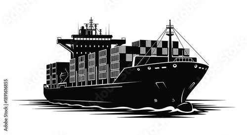 A detailed black and white illustration showcases a large container ship navigating calm waters presented as a striking silhouette high quality professional