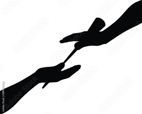 Two hands exchanging a small object on a white background