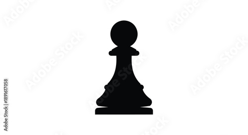 A stark black silhouette of a classic chess pawn stands prominently against a clean white background representing strategy and gameplay silhouette