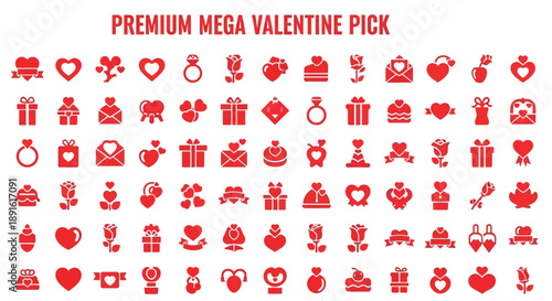 Collection of red Valentines Day icons romantic symbols for love and celebration flat design elemen