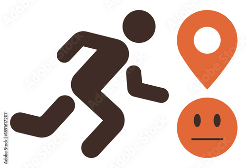 Exercise, navigation, emotional states, location tracking, physical activity, fitness apps. A person running next to a location pin and neutral face. Navigation and emotional states concept
