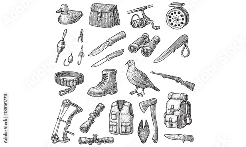 Vintage Hunting and Fishing Gear Illustration Collection
