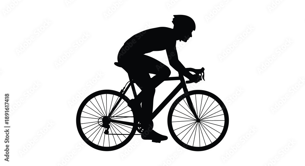 Fototapeta premium A dynamic black silhouette depicts a cyclist intensely focused on the road ahead during a fast paced ride silhouette high quality