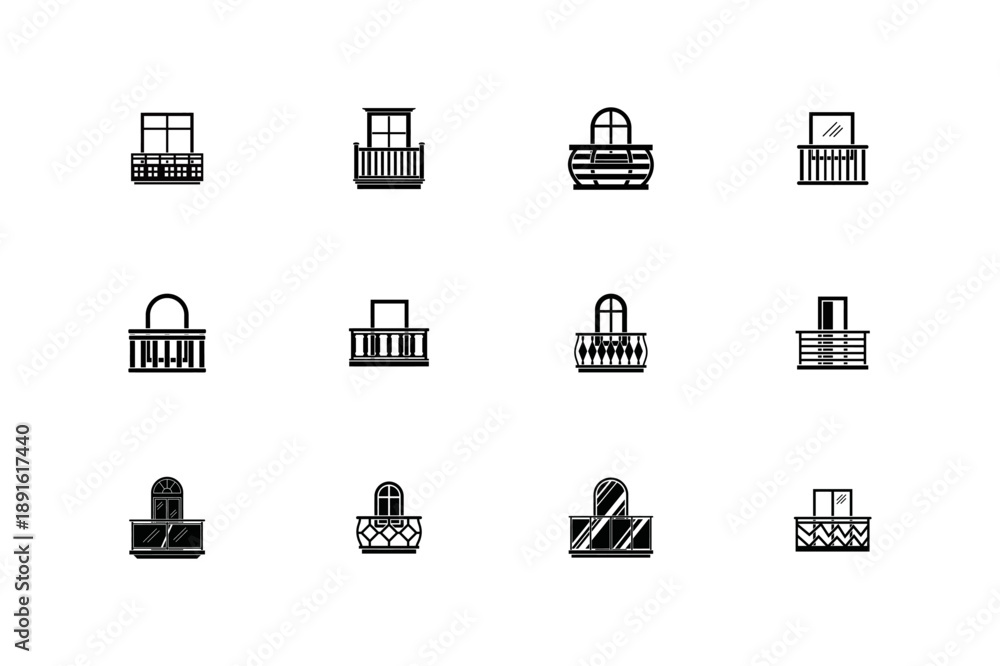Fototapeta premium Apartment Balcony and Terrace Railing Silhouette Vector Icon Set