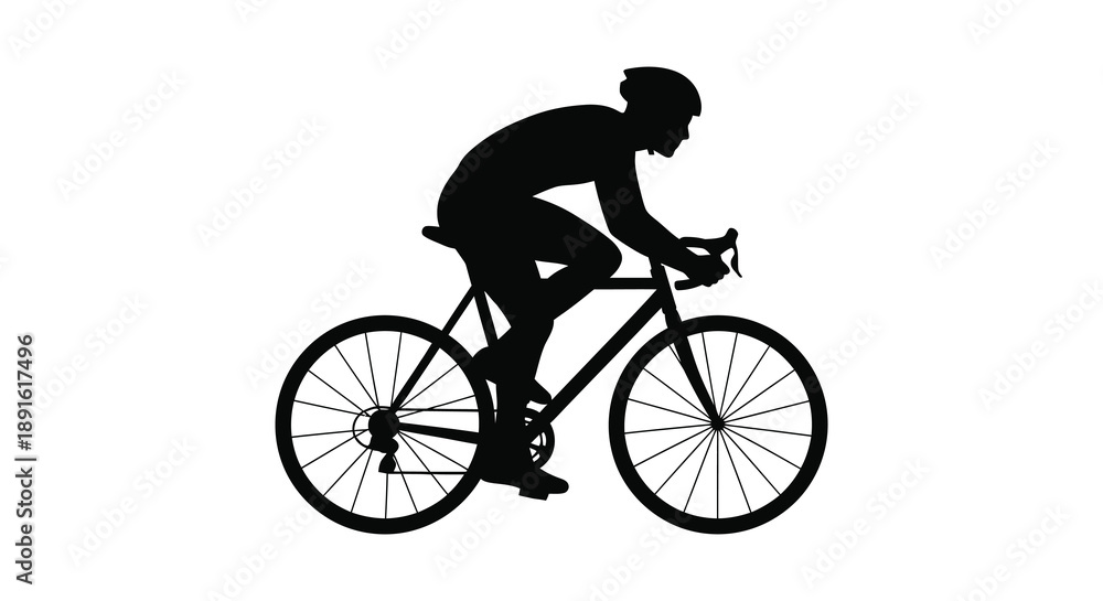 Fototapeta premium A dynamic black silhouette of a cyclist intensely focused on the road ahead while riding a road bike silhouette