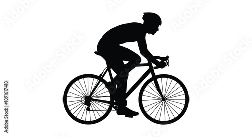 A dynamic black silhouette depicts a cyclist intensely focused on the road ahead during a fast paced ride silhouette high quality