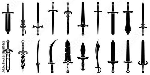 Medieval Sword and Fantasy Blade Silhouette Vector Icon Set