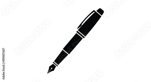 A striking black and white image depicts a classic fountain pen angled diagonally against a plain background silhouette high quality