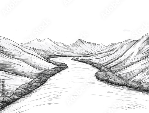 white background, Gentle river flowing through a peaceful valley - isolate on a valley background., drawings in pencil easy, very simple and isolate in the style of animated illustrations