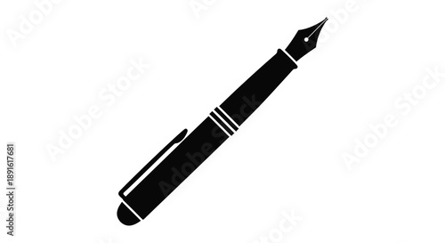 A striking black and white depiction of a classic fountain pen angled diagonally against a plain background silhouette high quality