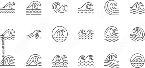 Collection of 20 different wave icon illustrations