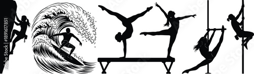 Black silhouette of extreme sports athlete set with rock climbing, surfing, gymnastics balance beam and pole dancing, CAD drawing flat vector illustration, isolated