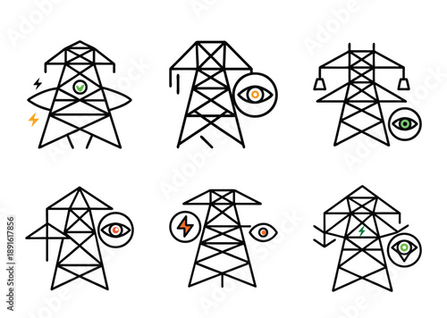 Collection of power line towers each with an eye or lightning bolt symbol
