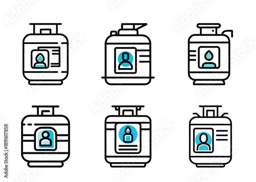 Collection of Stylized Gas Tank Icons with Face Icons and Blue Accents