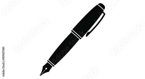 A striking black fountain pen is displayed at an angle against a clean white backdrop creating a bold silhouette