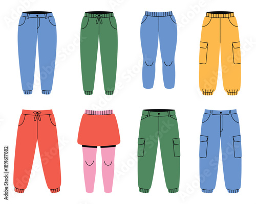 A colorful illustration of various pants and shorts for fashion or design inspiration