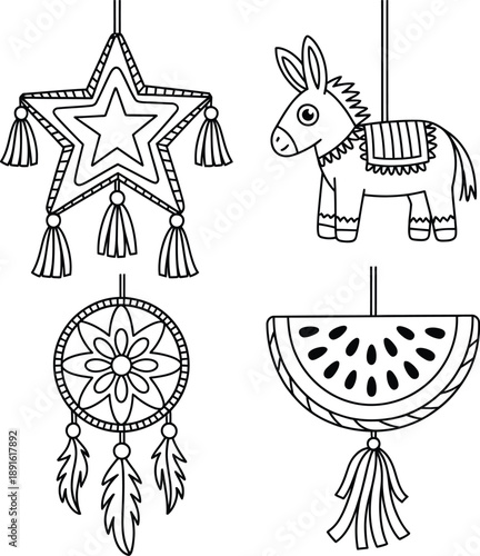 Four hanging pi ata shapes star donkey dreamcatcher and watermelon