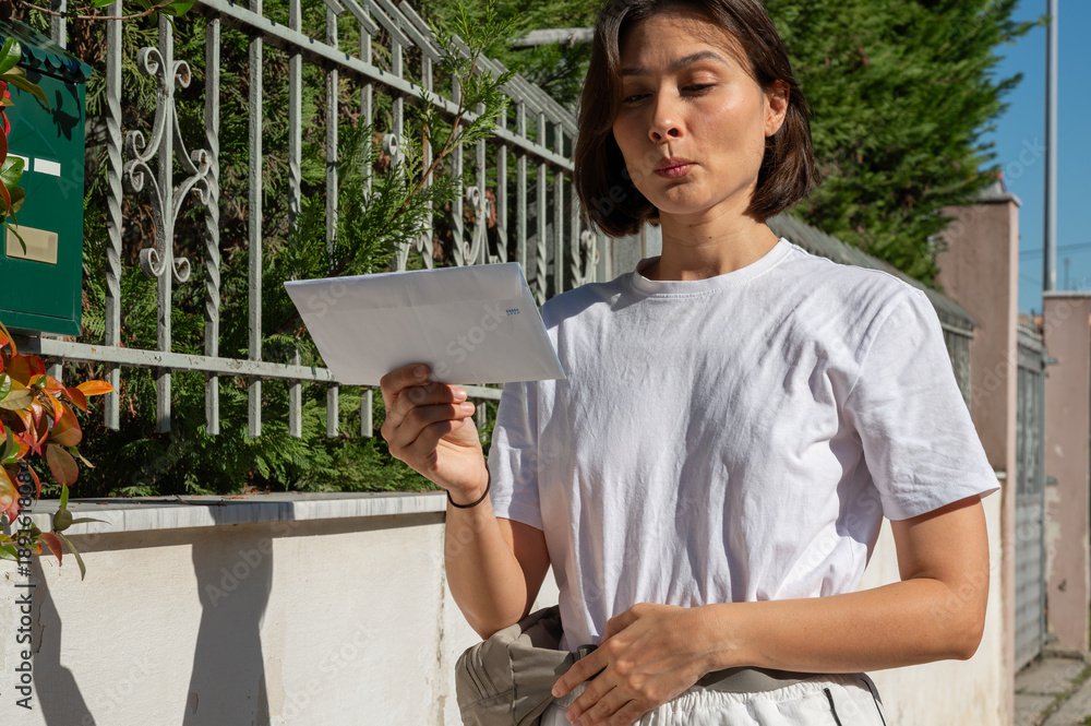 Fototapeta premium Surprised young woman in a white t-shirt holding an envelope near a mailbox on the street. A moment of curiosity or unexpected news, capturing emotion and everyday life in an outdoor setting.
