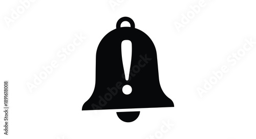 A stark black silhouette of a classic bell shape with an exclamation point inside conveying urgency and alarm silhouette