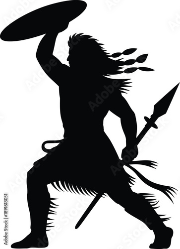Silhouette of a warrior with shield and spear on white background