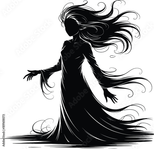 Dark silhouette of a ghostly woman with flowing hair and outstretched arms