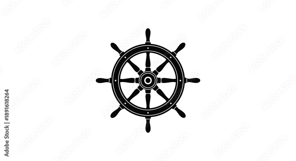 Fototapeta premium A stark black ship s wheel is prominently displayed against a plain white background creating a dramatic silhouette high quality professional