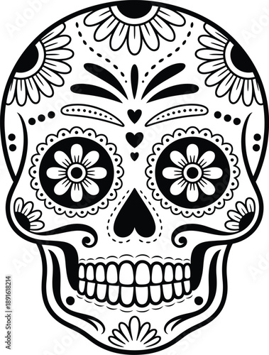 Black and white sugar skull illustration for day of the dead