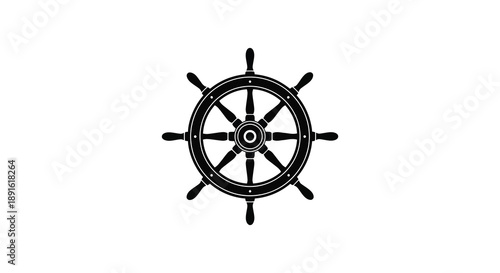 A stark black ship s wheel is prominently displayed against a plain white background creating a dramatic silhouette high quality professional