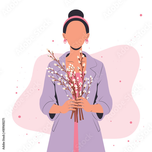 Faceless woman holding pussy willow branches, modern flat vector illustration in soft pastel colors, minimal style, vertical format for spring greeting cards, Easter designs, social media posts.