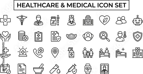 Healthcare Line Icon Set – Medical, Hospital, Insurance and Wellness Vector Collection