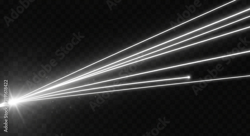Bright white light beams radiating from a single point source in a dark background with streaks of light