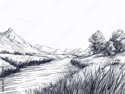 white background, Gentle river flowing through a peaceful valley - isolate on a valley background., drawings in pencil easy, very simple and isolate in the style of animated illustrations
