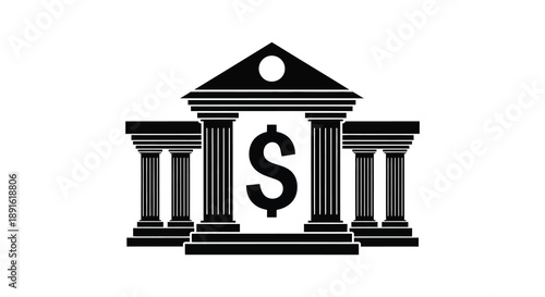 A striking black silhouette of a classical building facade featuring columns and a dollar sign representing finance and institutions silhouette