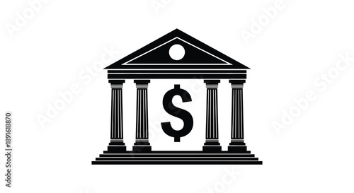 A striking black silhouette of a classical building facade with a prominent dollar sign symbol representing finance and wealth silhouette