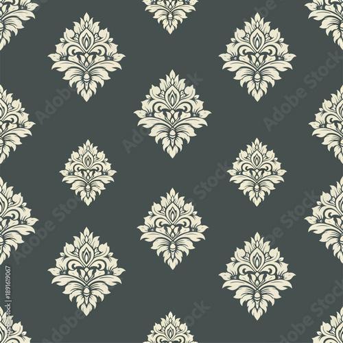 Seamless floral design featuring vibrant tulip motifs and intricate leaf patterns, enclosed in a traditional frame for use in textile backgrounds, fabric prints, and classic decorative patterns.