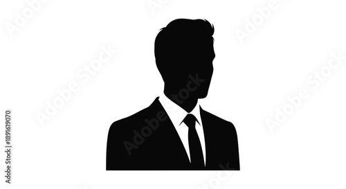 A stark black silhouette depicts a man in a suit and tie presenting a formal and anonymous figure silhouette