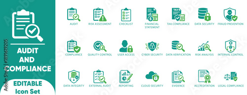  Audit and Compliance solid Icon Set.cloud security, cyber security, regulatory standards,and online 
