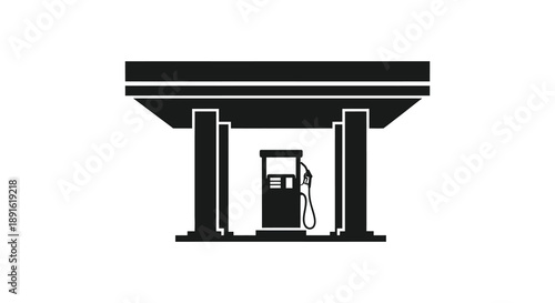 A stark black and white illustration depicts a gas station with a prominent fuel pump presented as a bold silhouette