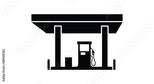 A stark black and white depiction of a gas station canopy with a fuel pump presented as a bold silhouette high quality