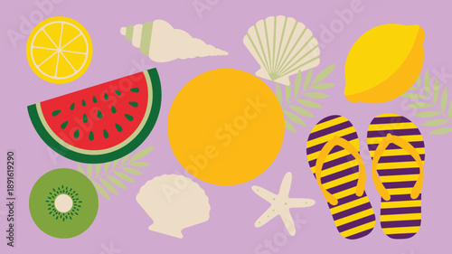 Colorful summer elements pattern with tropical fruits beach accessories and palm leaves on purple background
