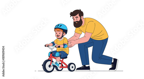 Father helping his young son learn to ride a tricycle