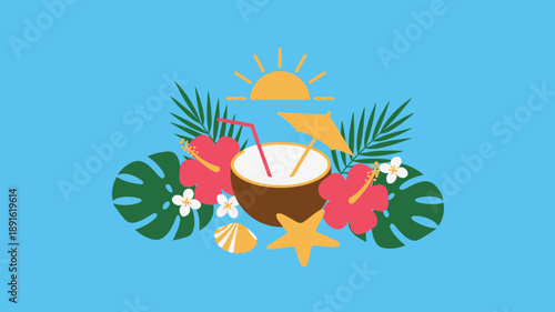 Exotic tropical summer illustration featuring a coconut drink, vibrant hibiscus flowers, starfish, and seashell