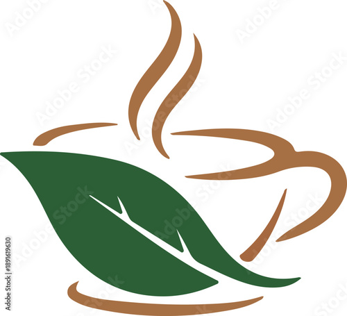 Steaming herbal tea cup with fresh green leaf, symbolizing natural warmth and organic beverage