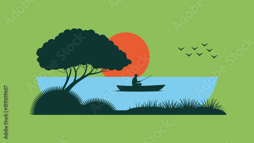 Fisherman in boat silhouette on tranquil lake, large tree, sunset, birds, serene outdoor nature scene