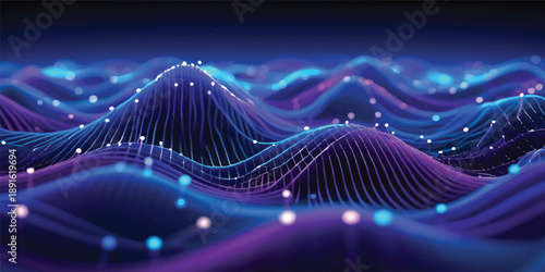 Abstract blue music background featuring a fractal wave pattern with notes and technology grid lines for a creative motion design wallpaper