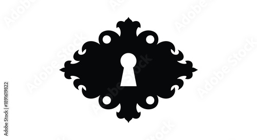 An ornate black frame with a central keyhole opening is depicted against a plain white background a striking silhouette