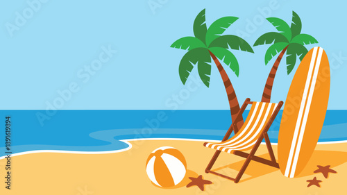 Empty beach scene with palm trees, ocean, sand, lounge chair, surfboard, perfect summer travel background