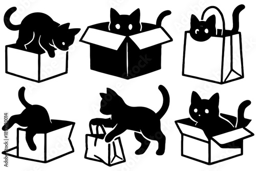 set of gift boxes with cat,
Cats Playing with Shopping Bag – Black and White Silhouette Vector