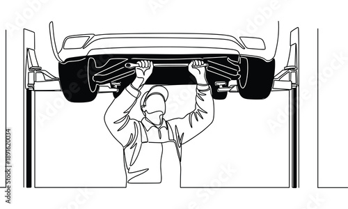 Car Mechanic Working Underneath Vehicle on Lift, Simple Line Art Style