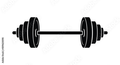 A stark black barbell lies horizontally against a white background representing strength and fitness equipment silhouette high quality professional detailed